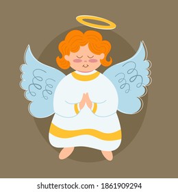 Christmas card, vector illustration, cute chubby angel with a halo above his head 