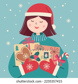 Christmas card with vector illustration. Happy girl. Retro style