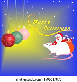 Christmas card. Vector illustration. The inscription in English - Merry Christmas. Santa Claus, white rat, Christmas balls, blue background with backlighting, snowfall.
