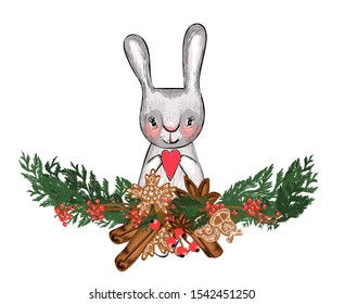 Christmas card. Vector illustration isolated on white background. New Year's hare. Coniferous branches and decorations.