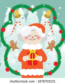 Ilustración vectorial de tarjetas de Navidad con la Sra. Claus, Madre Navidad, decoraciones navideñas y regalos