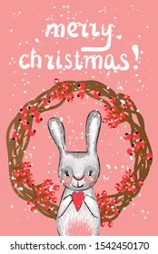 Christmas card. Vector illustration. New Year's rabbit. Coniferous branches and decorations.