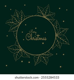 A Christmas card. Vector illustration on a dark green background with golden poinsettia flowers
