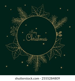 A Christmas card. Vector illustration on a dark green background with golden branches of a Christmas tree and poinsettia
