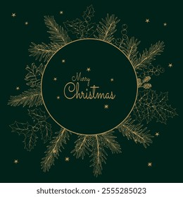 A Christmas card. Vector illustration on a dark green background with golden branches of a Christmas tree.
