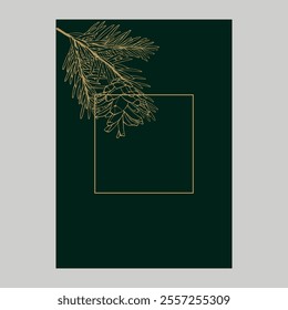 A Christmas card. Vector illustration on a dark green background with golden branches of a Christmas tree.
