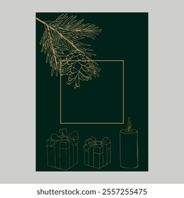 A Christmas card. Vector illustration on a dark green background with golden branches of a Christmas tree.
