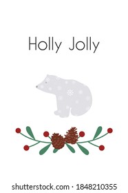 Christmas card vector illustration with polar bear. Clean, minimal design Minimal Christmas greeting card design