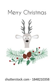 Christmas card vector illustration with reindeer. Clean, minimal design Minimal Christmas greeting card design