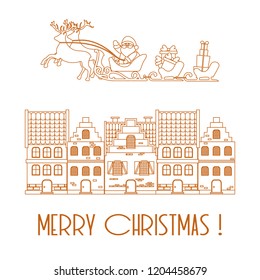 Christmas card. Vector illustration Santa Claus with gifts in sleighs with reindeers and houses. Design for postcard, banner, print.