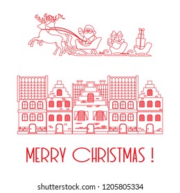 Christmas card. Vector illustration Santa Claus with gifts in sleighs with reindeers and houses. Design for postcard, banner, print.