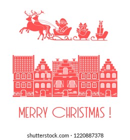 Christmas card. Vector illustration Santa Claus with gifts in sleighs with reindeers and houses. Design for postcard, banner, print.