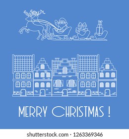 Christmas card. Vector illustration Santa Claus with gifts in sleighs with reindeers and houses. Design for postcard, banner, print.