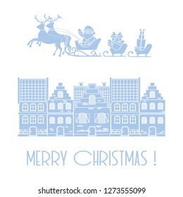 Christmas card. Vector illustration Santa Claus with gifts in sleighs with reindeers and houses. Design for postcard, banner, print.