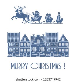 Christmas card. Vector illustration Santa Claus with gifts in sleighs with reindeers and houses. Design for postcard, banner, print.