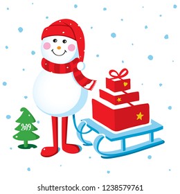 Christmas card vector illustration, with Snowman and gift boxes on a sledge. New year colorful greeting card with Santa Clause and new year tree isolated on a white background.