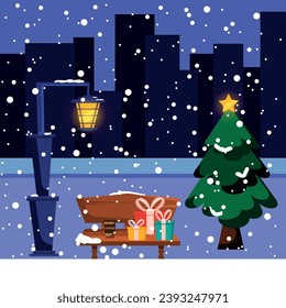 Christmas card vector illustration of a snowy winter city park with Christmas trees, bench, lantern, walkway and city skyline. Winter Christmas landscape for banner, poster, web.