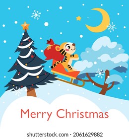 Christmas card. Vector illustration with the symbol of the year. The tiger is rolling on a sled through a snowy forest.