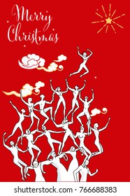 Christmas card vector illustration that represents the positive of teamwork to achieve goals. A group of people supported to build a human tower for reach a star.
