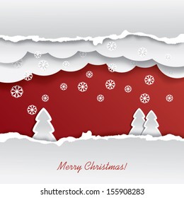 Christmas card vector illustration with torn paper effect and snowing in the background with some space for text