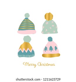 christmas card vector illustration. winter pom pom hats. 