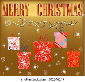 Christmas card, vector image, greeting inscription, gifts