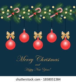 Christmas card. Vector image of traditional Christmas decorations. Design elements for postcard, flyer, banner, background. Merry Christmas and Happy New Year greetings.