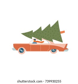 Christmas card in vector. Men driving a car, carry fir tree 