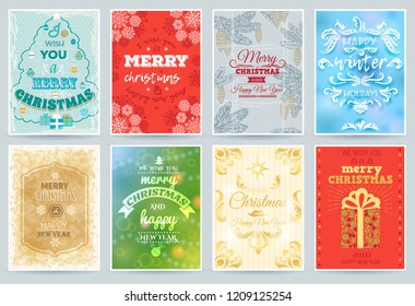 Christmas card vector merry winter holiday greeting design decoration new year xmas celebration invitation poster banner template with snow tree gift and lettering illustration set