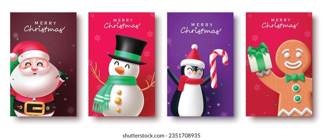 Christmas card vector poster set design. Merry christmas greeting text with xmas characters like santa claus, snowman, penguin and ginger bread in tags collection. Vector illustration greeting card 