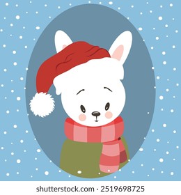 A Christmas card in vector. A rabbit in a Santa Claus hat.