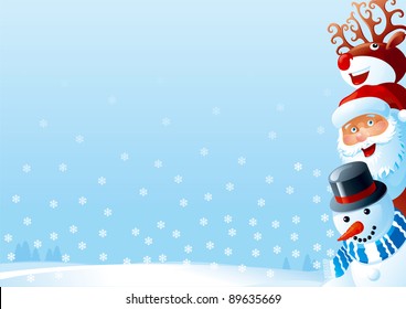 Christmas card. Vector christmas card of Santa Claus, snowman and Red-Nosed Reindeer on winter snow landscape
