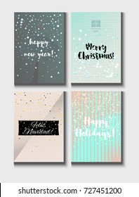 Christmas Card Vector Set with Lettering. Merry Christmas, Happy New Year, Feliz Navidad and Happy Holidays Text on Festive Background in Faded Blue, Pink, Grey and Snowfall. Tender Christmas Card Set
