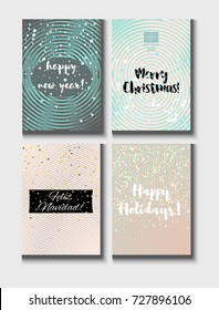 Christmas Card Vector Set with Lettering. Merry Christmas, Happy New Year, Feliz Navidad and Happy Holidays Text on Festive Background in Faded Blue, Pink, Grey and Snowfall. Tender VIP Greetings Card