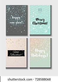 Christmas Card Vector Set with Lettering. Merry Christmas, Happy New Year, Feliz Navidad and Happy Holidays Text on Festive Background in Faded Blue, Pink, Grey and Snowfall. Tender Christmas Card Set