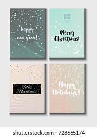 Christmas Card Vector Set with Lettering. Elegant Happy New Year and Happy Holidays Text on a Festive Background in Faded Blue, Pink, Grey and Snowfall. Tender Christmas Card Set. Noble Tender Colors.