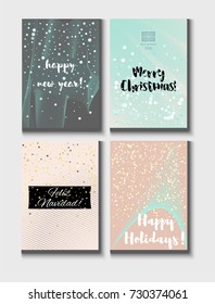 Christmas Card Vector Set with Lettering. Elegant Happy New Year and Happy Holidays Text on a Festive Background in Faded Blue, Pink, Grey and Snowfall. Tender Christmas Card Set. Noble Tender Colors.