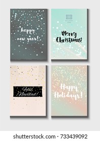 Christmas Card Vector Set with Lettering. Elegant Happy New Year and Happy Holidays Text on a Festive Background in Faded Blue, Pink, Grey and Snowfall. Tender Christmas Card Set. Noble Tender Colors.
