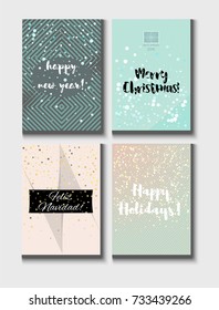 Christmas Card Vector Set with Lettering. Elegant Happy New Year and Happy Holidays Text on a Festive Background in Faded Blue, Pink, Grey and Snowfall. Tender Christmas Card Set. Noble Tender Colors.