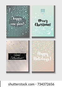 Christmas Card Vector Set with Lettering. Merry Christmas, Happy New Year, Feliz Navidad and Happy Holidays Text on Festive Background in Faded Blue, Pink, Grey and Snowfall. Tender Christmas Card Set