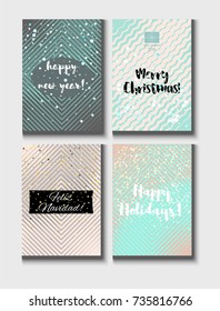 Christmas Card Vector Set with Lettering. Elegant Happy New Year and Happy Holidays Text on a Festive Background in Faded Blue, Pink, Grey and Snowfall. Tender Christmas Card Set. Noble Tender Colors.