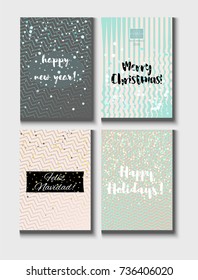 Christmas Card Vector Set with Lettering. Elegant Happy New Year and Happy Holidays Text on a Festive Background in Faded Blue, Pink, Grey and Snowfall. Tender Christmas Card Set. Noble Tender Colors.