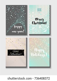 Christmas Card Vector Set with Lettering. Elegant Happy New Year and Happy Holidays Text on a Festive Background in Faded Blue, Pink, Grey and Snowfall. Tender Christmas Card Set. Noble Tender Colors.