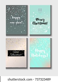 Christmas Card Vector Set with Lettering. Elegant Happy New Year and Happy Holidays Text on a Festive Background in Faded Blue, Pink, Grey and Snowfall. Tender Christmas Card Set. Noble Tender Colors.