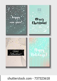 Christmas Card Vector Set with Lettering. Elegant Happy New Year and Happy Holidays Text on a Festive Background in Faded Blue, Pink, Grey and Snowfall. Tender Christmas Card Set. Noble Tender Colors.