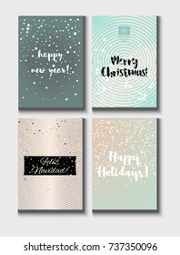 Christmas Card Vector Set with Lettering. Elegant Happy New Year and Happy Holidays Text on a Festive Background in Faded Blue, Pink, Grey and Snowfall. Tender Christmas Card Set. Noble Tender Colors.