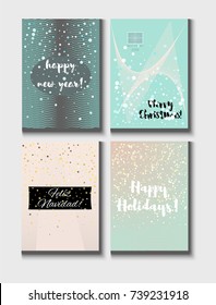 Christmas Card Vector Set with Lettering. Elegant Happy New Year and Happy Holidays Text on a Festive Background in Faded Blue, Pink, Grey and Snowfall. Tender Christmas Card Set. Noble Tender Colors.