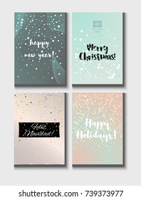 Christmas Card Vector Set with Lettering. Elegant Happy New Year and Happy Holidays Text on a Festive Background in Faded Blue, Pink, Grey and Snowfall. Tender Christmas Card Set. Noble Tender Colors.