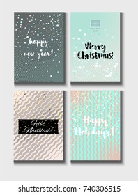 Christmas Card Vector Set with Lettering. Elegant Happy New Year and Happy Holidays Text on a Festive Background in Faded Blue, Pink, Grey and Snowfall. Tender Christmas Card Set. Noble Tender Colors.