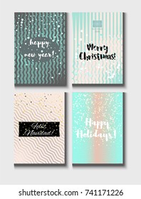 Christmas Card Vector Set with Lettering. Elegant Happy New Year and Happy Holidays Text on a Festive Background in Faded Blue, Pink, Grey and Snowfall. Tender Christmas Card Set. Noble Tender Colors.